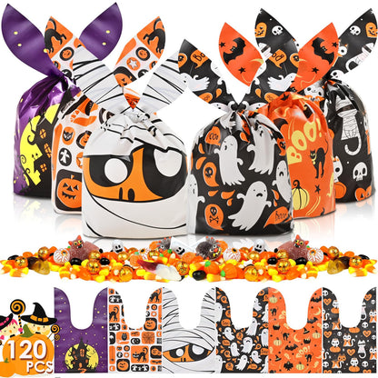 AhfuLife 120 PCS Halloween Treat Candy Bags, 6 Designs Halloween Goodie Bags for Trick or Treat, Small Cute Rabbit Ears Snack Bags for Party Supplies Favors