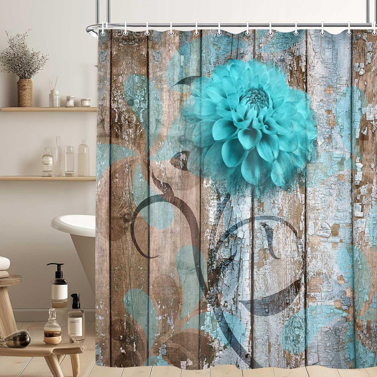 JAWO Teal Dahlia Shower Curtain Set with 12 Hooks - Dahlia Flower on Rustic Wooden Plank Country Style, Waterproof Bath