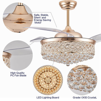 DuMaiWay 52" Dimmable Chandelier Ceiling Fan with Light, Modern Crystal Retractable Ceiling Fan with Remote and APP Control for Bedroom Dining Room Living Room 6 Speed Gold