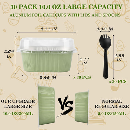 BAKINGPAK 30PCS Cupcake Liners With Lids, 10oz Square Mini Aluminum Pans, Disposable Ramekins for Children Party