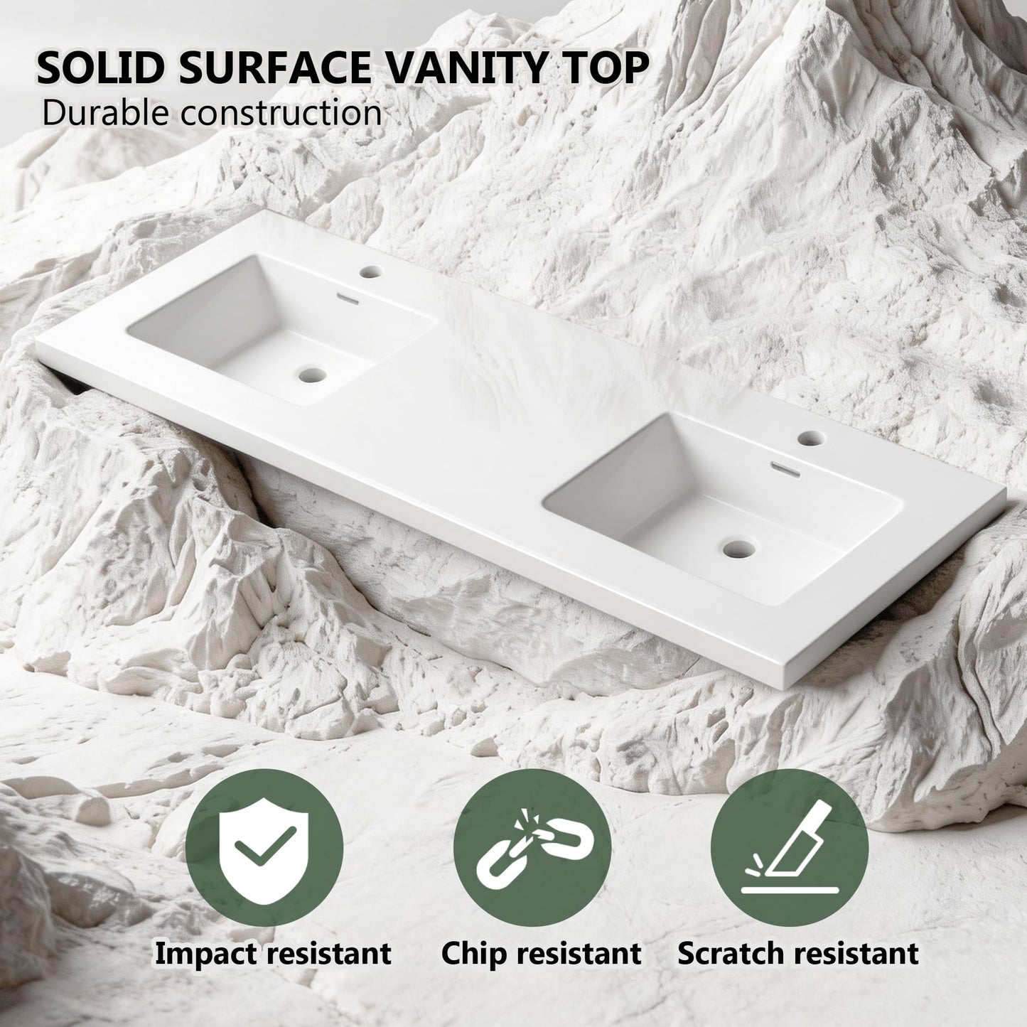72 x 22 White Vanity Top with Sink Solid Surface Bathroom Vanity Sink Top with Double Sink Integrated Basin and Overflow in Glossy Pure White, Cabinet Not Included