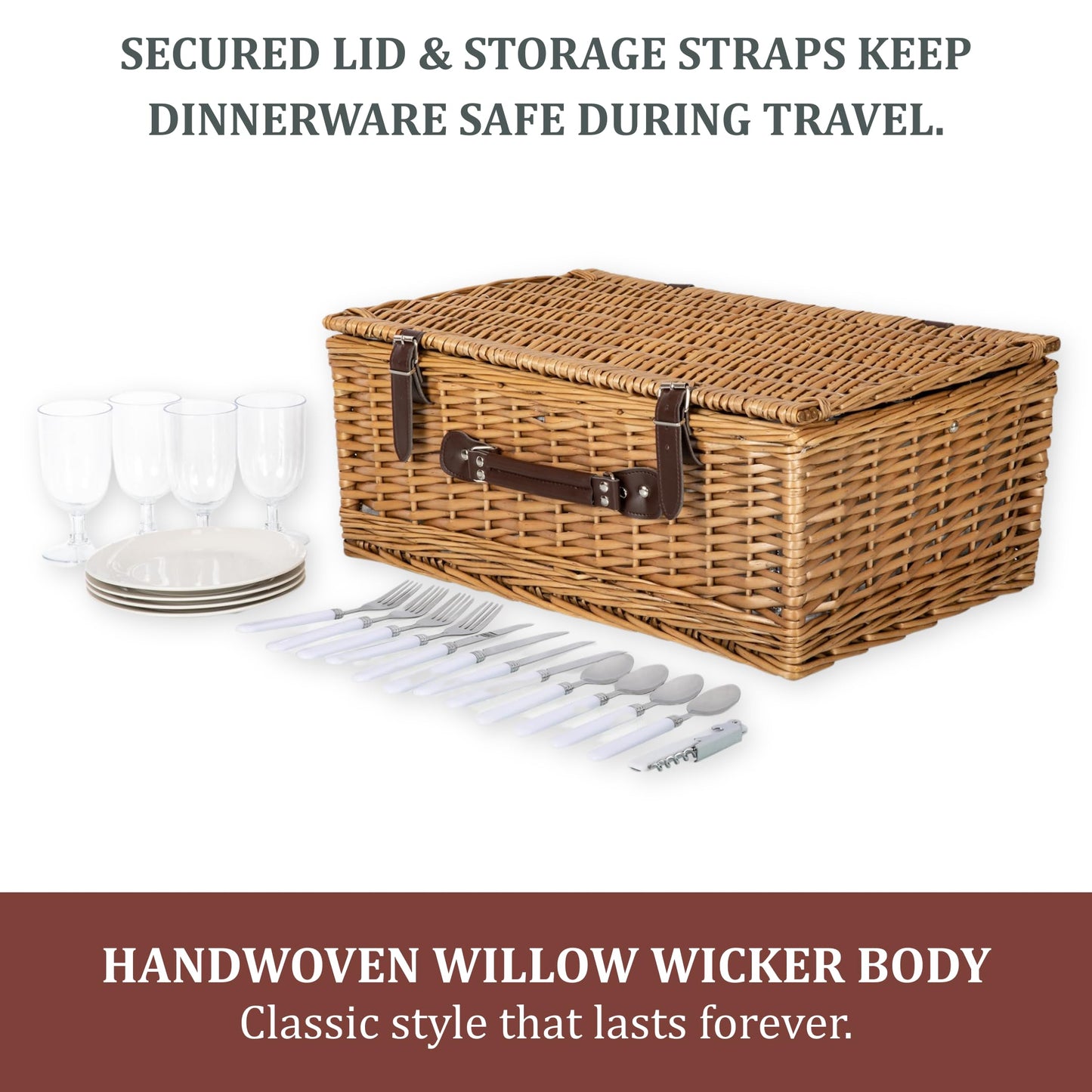 Picnic TME Belmont Picnic Basket for 4, Insulated Wicker Basket Set with Porcelain Plates, Stainless Steel Flatware, Wine Glasses, Cooler, Leatherette Straps, Gift (Navy Blue & White Stripe)