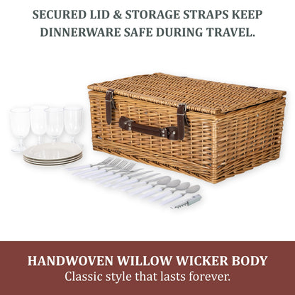Picnic TME Belmont Picnic Basket for 4, Insulated Wicker Basket Set with Porcelain Plates, Stainless Steel Flatware, Wine Glasses, Cooler, Leatherette Straps, Gift (Navy Blue & White Stripe)