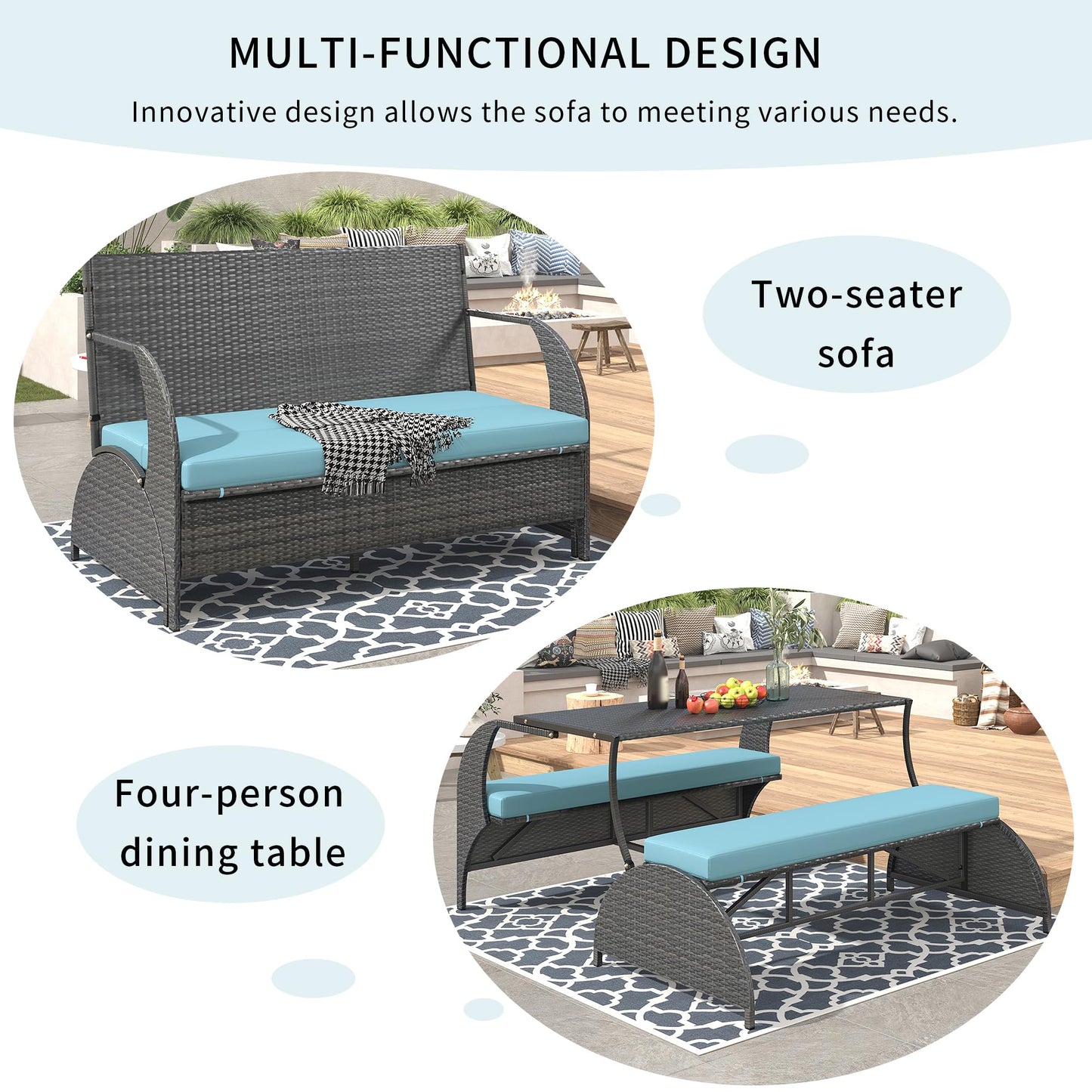 Llsmnba 2-in-1 Outdoor Convertible Bench to Picnic Table, Loveseat Sofa Set with Cushions, Patio Dining Furniture Set, Blue Cushion