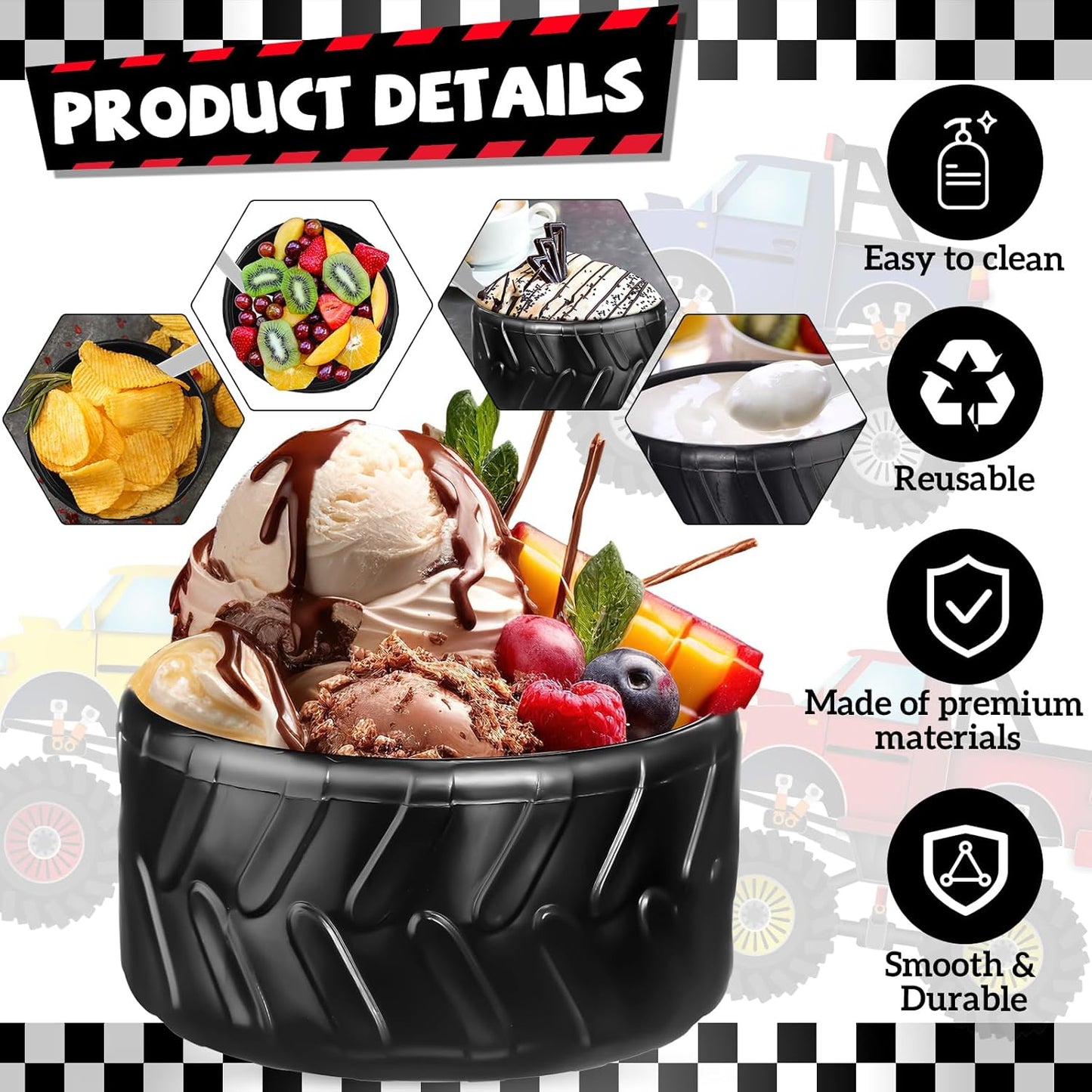 12 Sets Set, Frozen Uiifan Truck Wheel Ice Cream Bowls Spoon Plastic Race Car Party Yogurt Cups with Spoons Sturdy