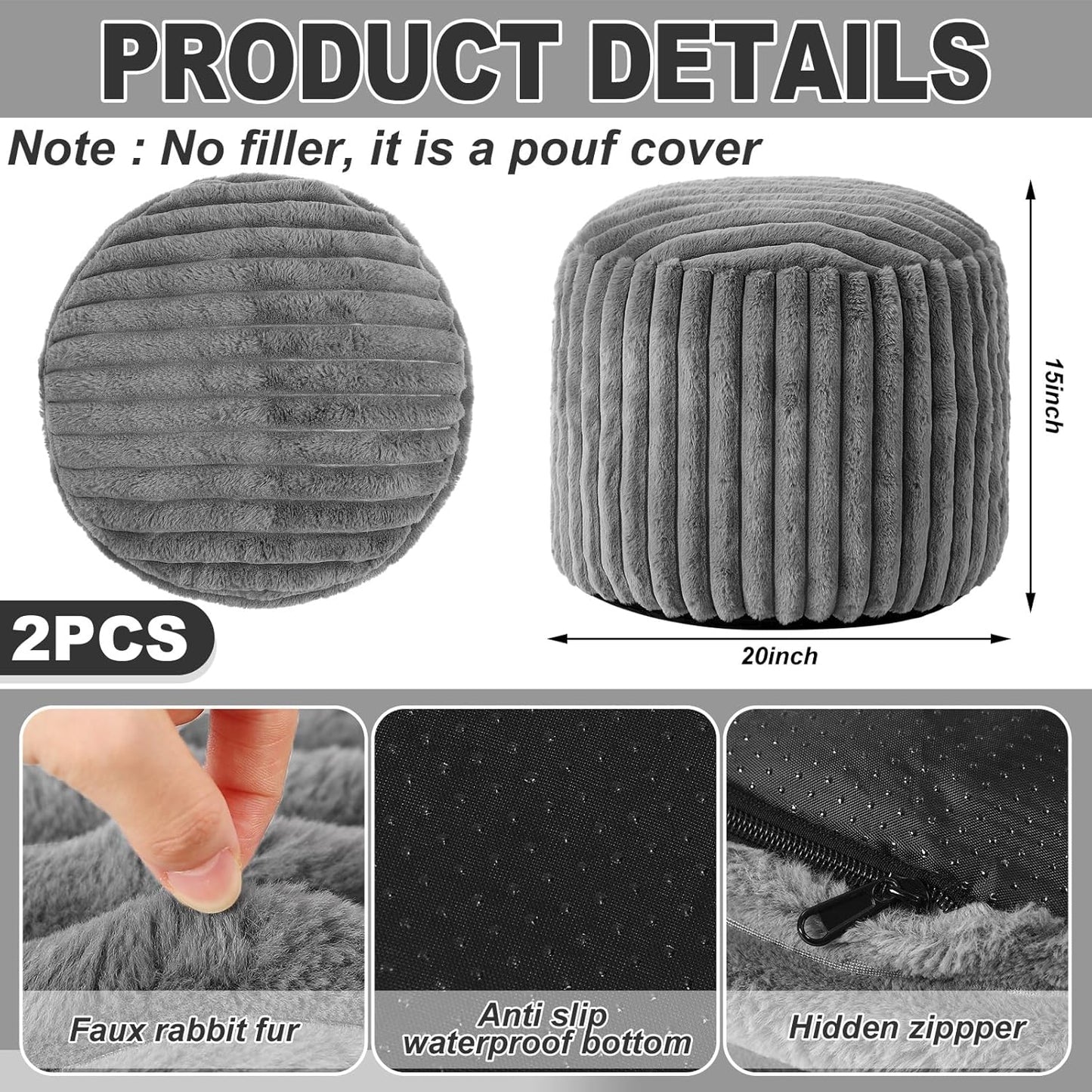 2 20 15 Inch Teenyyou Pcs x Unstuffed Pouf Cover Ottoman Foot Rest - No Filler, Faux Rabbit Fur Foot Stool Floor Bean