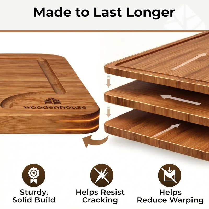 Wood Cutting Board Set of 3 with Holder - Sturdy & Easy to Clean Bamboo Wooden Cutting Boards for Kitchen - 3 Sizes of Chopping Board with Juice Grooves for Meal Prep, Everyday Use, Housewarming Gift