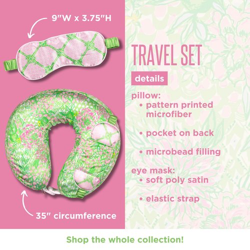 Lilly Pulitzer Airplane Travel Essentials with Travel Neck Pillow and Sleeping Mask, 2 Pieces, Lime Feeling Good