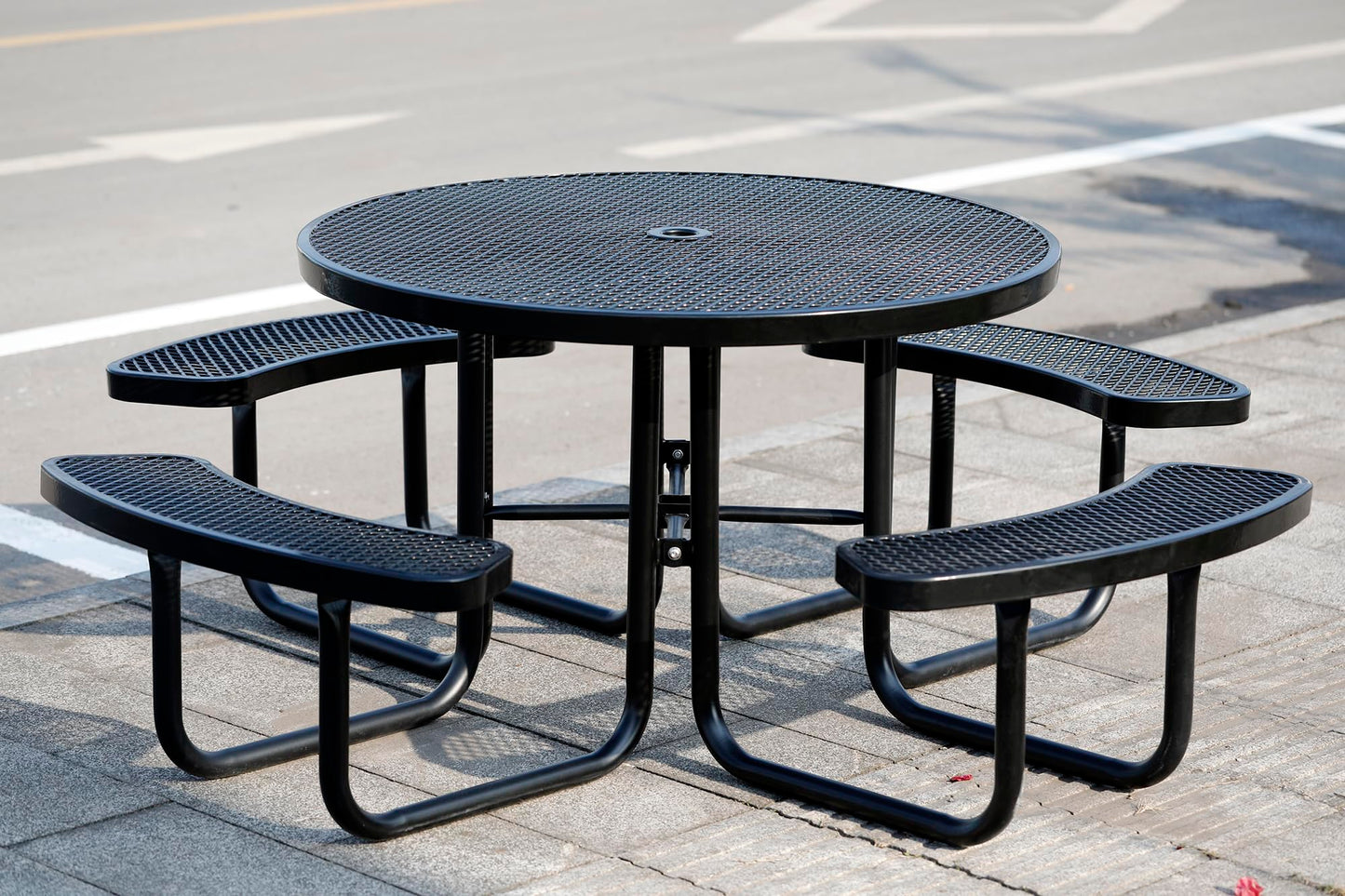 Sunnibety 8-Person Picnic Tables for Outdoors, Industrial 46" Expanded Metal Round Picnic Table with 4 Benches & Umbrella Hole, Outside Table and Bench Set for Park, Garden, Backyard, Patio, Black
