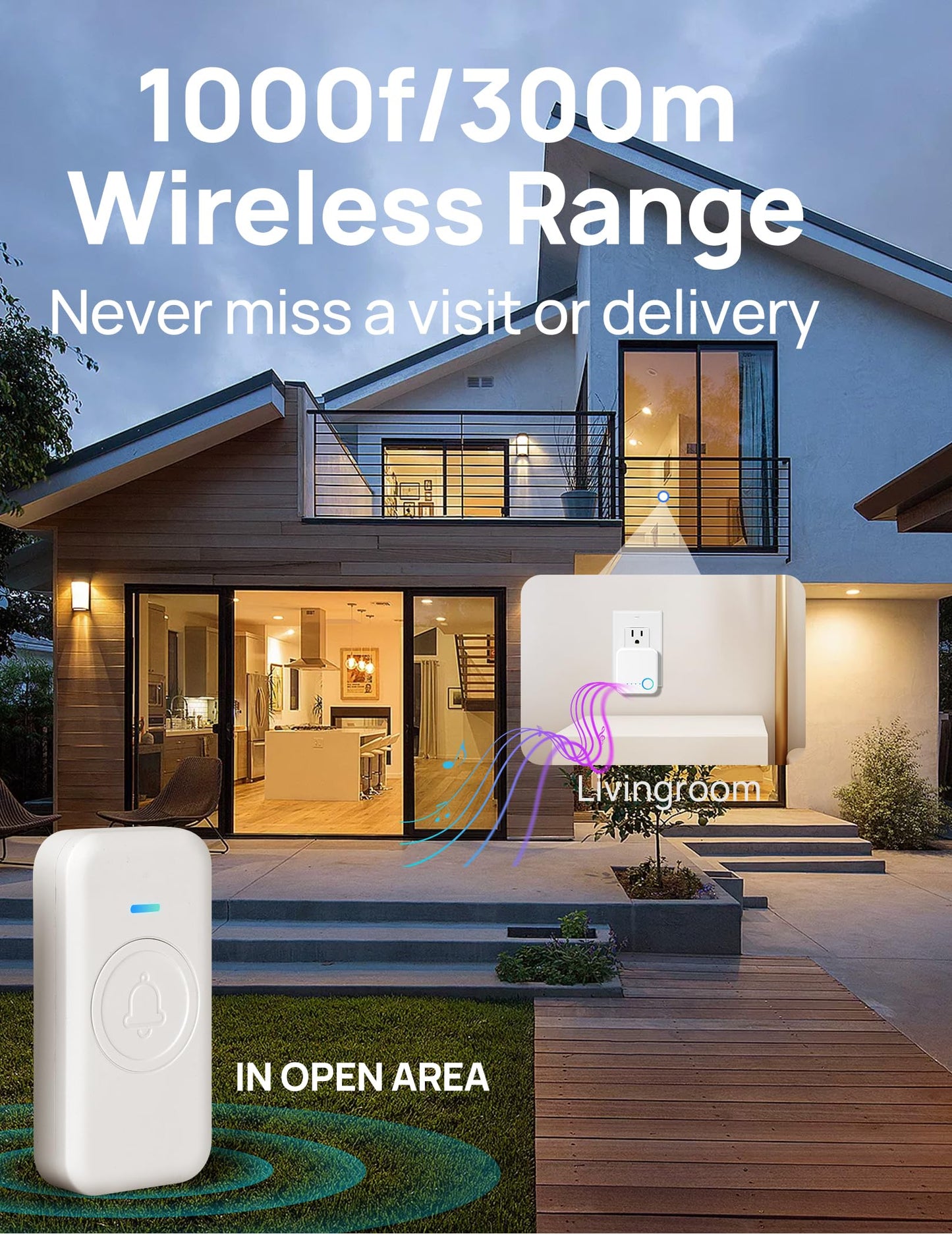 Wireless Doorbell, Waterproof Door Bell with 60 Chimes, 5 Levels Volume and LED Flash, 1000ft Long Range Classroom Doorbell for Home Office Hospital (2 Receiver & 1 Button, Black)