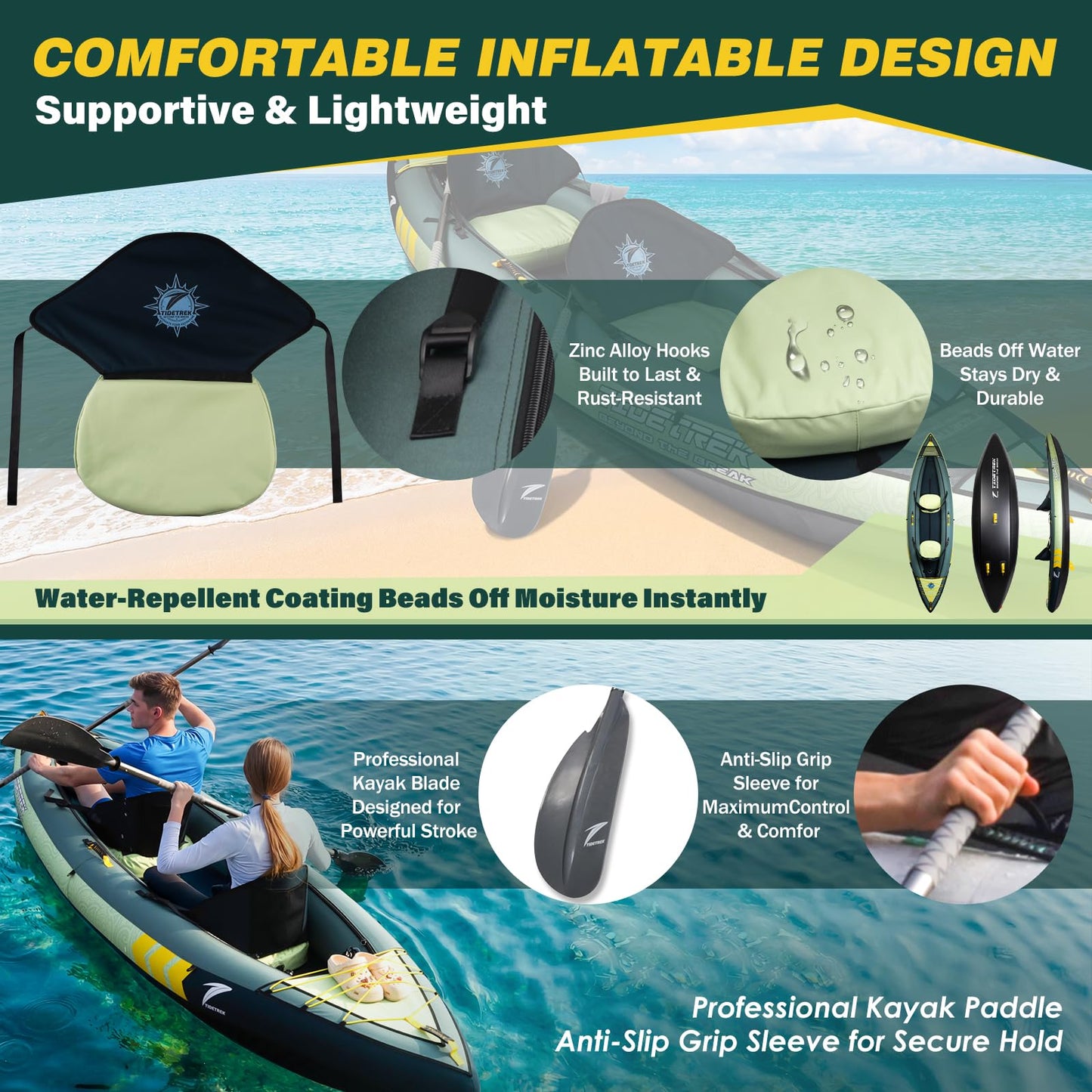 TIDETREK Inflatable Touring Kayak 1-Person & 2-Person with Waterproof Seat & Full Accessory Kit, Lightweight Recreational Kayak for Lake, River & Fishing (Jungle Trail, 2-Person(Tandem))