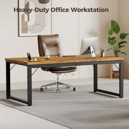 Mericonia 63 Inch Large Computer Desk with Power Outlets, 1.2" Thick Heavy Duty Industrial Office Desk, Modern Simple Study Writing Table for Home Office Bedroom Workstation, Brown