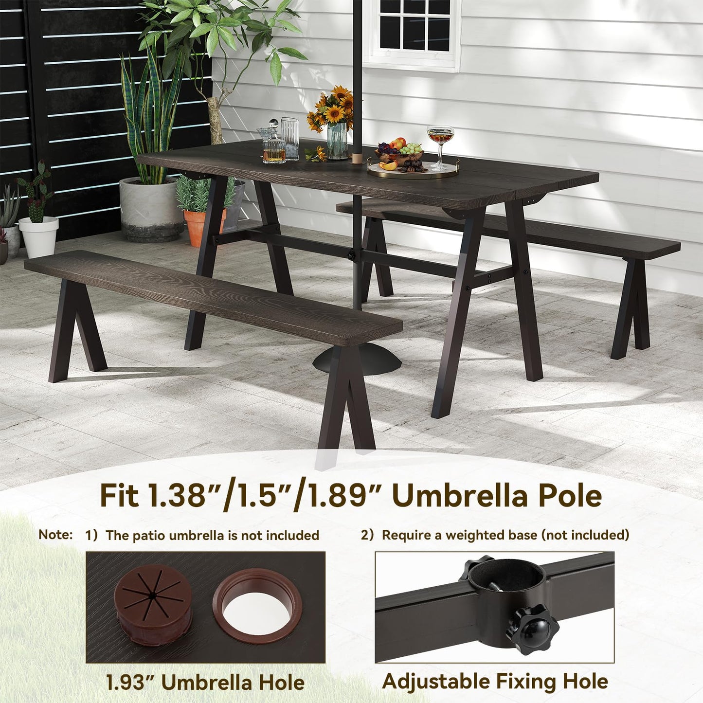 Giantex 3-Pieces Outdoor Picnic Table Set for 6 People, Rustproof Patio Dining Furniture Set with 1.93" Umbrella Hole, 800lbs Capacity Bench, 59" Camping Table for Porch Deck Yard Garden Lawn
