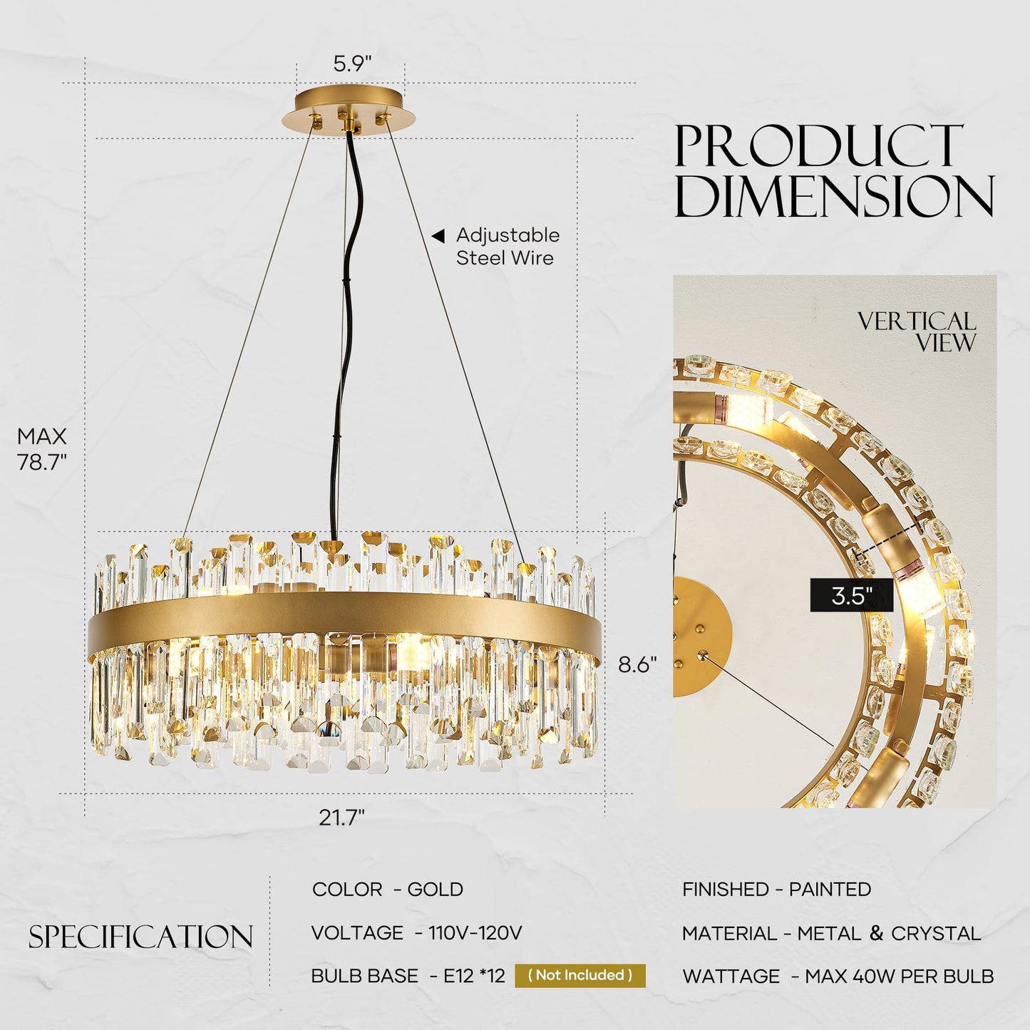 lighceac 21.7" Gold Modern Crystal Chandelier Light Fixtures Luxury 2 Rings Crystal Chandeliers for Dining Room 12-Light Round Hanging Pendant Lighting for Living Room Kitchen Island Entryway Bedroom