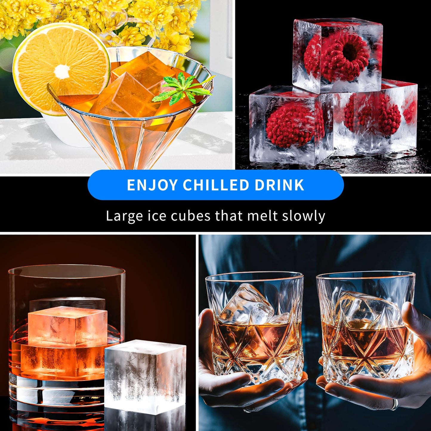 Large Ice Cube Tray for Whiskey 3 Pack, HANCELANT Big Silicone Square Ice Cube Mold with Removable Lid, 2'' Huge Square Ice Cubed Tray for Whisky and Cocktail(Blue+Green+Pink)