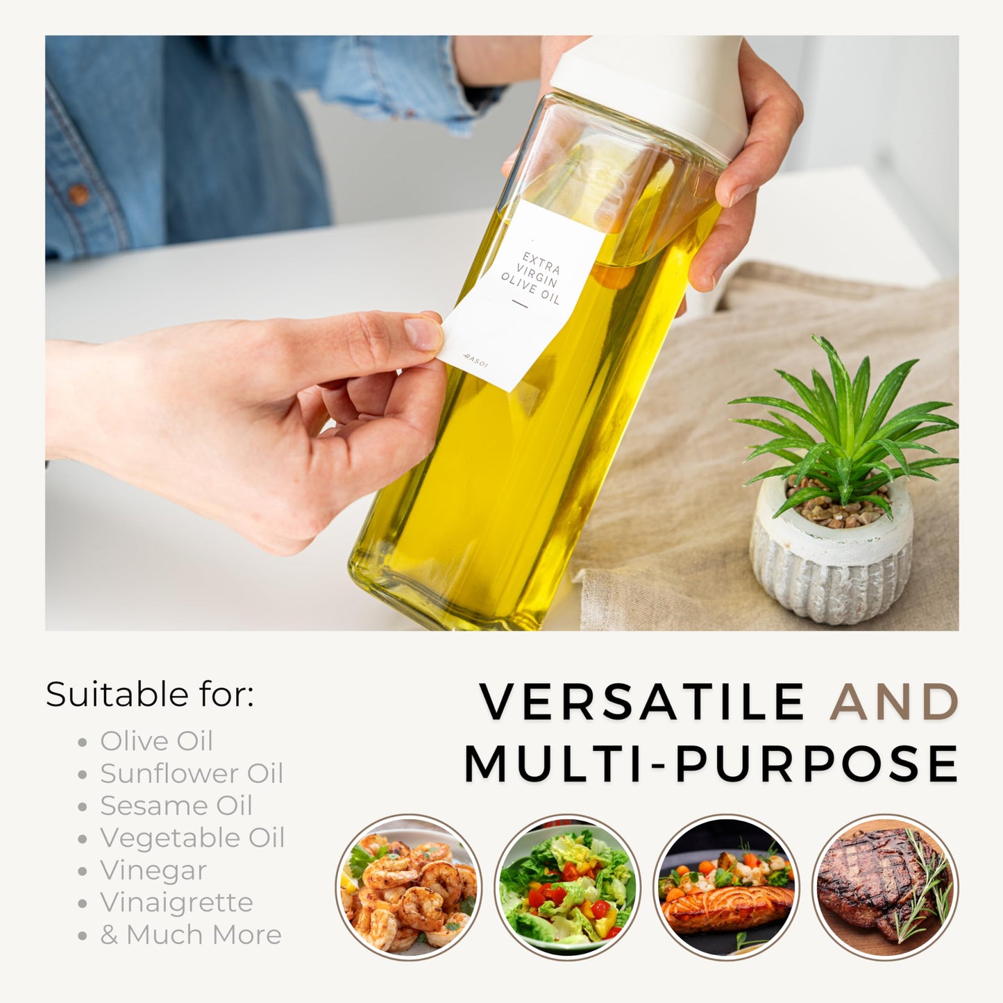 RASOI Oil Dispenser Bottle – Set of 2 17oz/500ml Oil and Vinegar Dispenser - Drip-Free Spout Glass Oil Dispenser – Kitchen Oil Dispenser with Automatic Pouring Lid - Olive Oil Bottle for Cooking