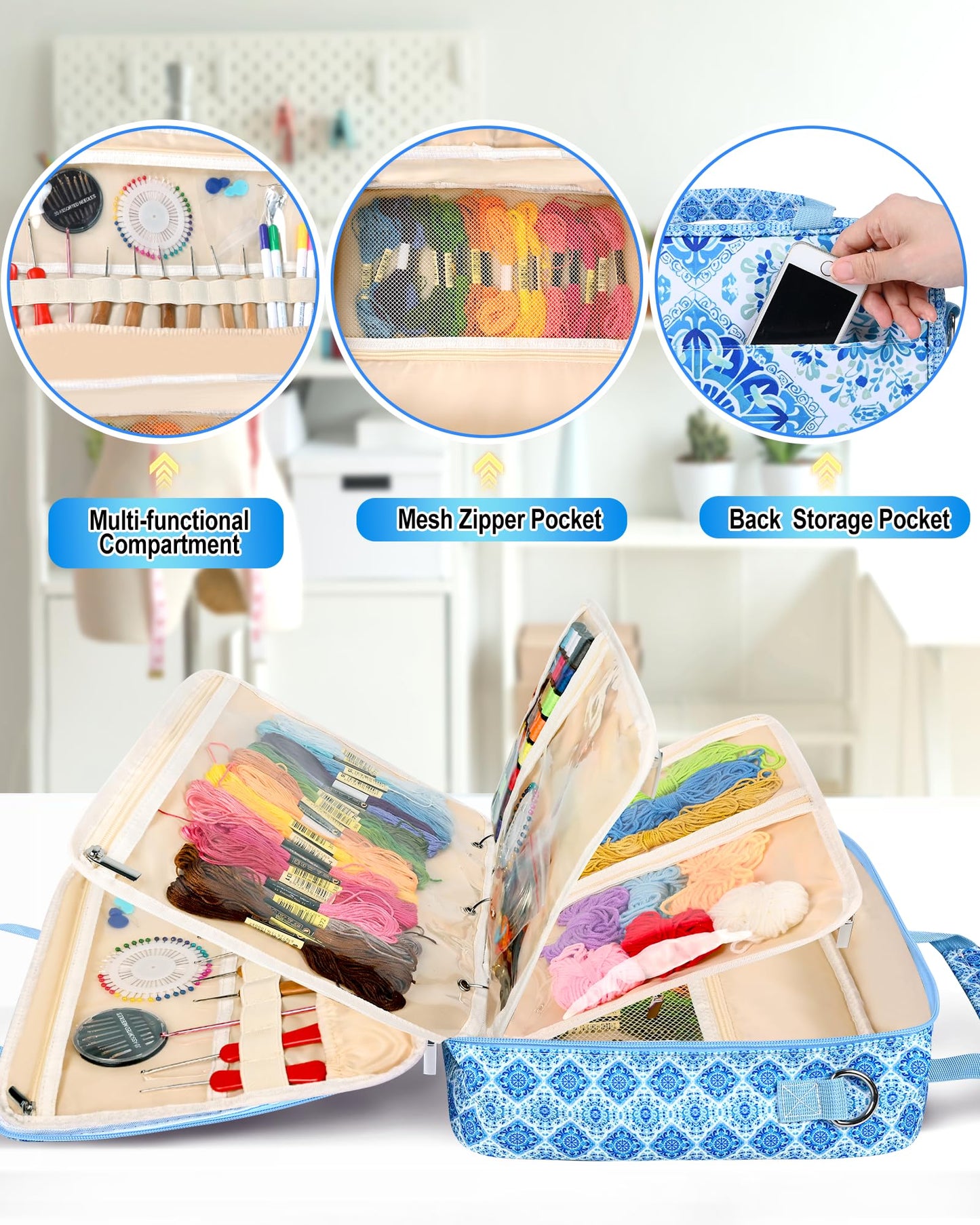Telawsfun Sewing Supply Storage Bag with Removable Binder, Large Capacity Sewing Organizer Tote With Multi Pocket for Threads, Needles, Scissors, Craft Supplies(Blue Floral)