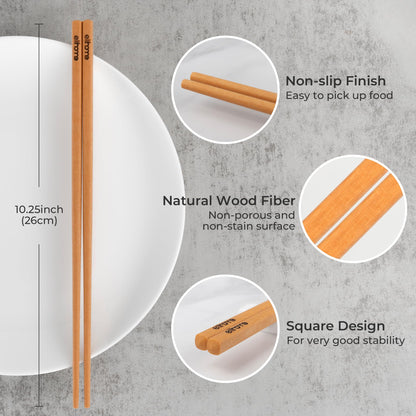 Elihome Premium Wood Fiber Chopsticks, Dishwasher Safe, Heat Resistant, Reusable Japanese Chinese Chopsticks, 26cm/10.25inch, Natural, 10 Pair