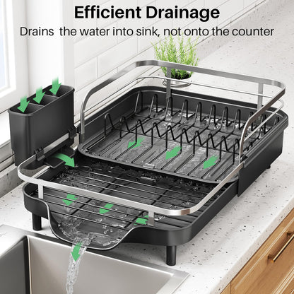SNTD Dish Drying Rack, Expandable Dish Rack for Kitchen Counter, Stainless Steel Dish Drainer with Drainboard Set and Utensil Holder (Black)