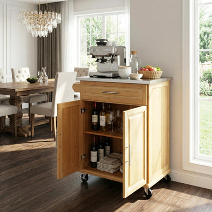 Christopher Knight Home ZAH Bamboo Rolling Cart with Drawers, Kitchen Bar Cart on Wheels with Stainless Steel Top, Mobile Rolling Kitchen Cart Storage Cabinet, Serving Cart, 29.13'' x 18.5'', Natural