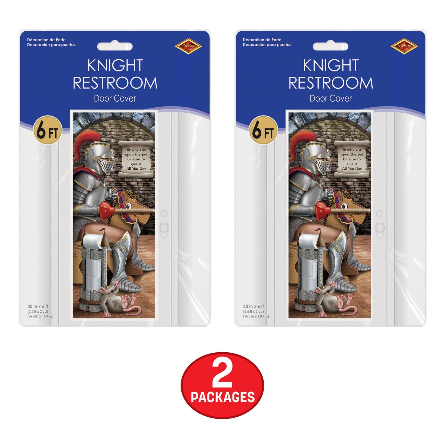 Beistle Knight Restroom Door Cover – 2 Pack, Medieval Castle Bathroom Party Decorations, Funny All-Weather Plastic Backdrop for Renaissance Fairs, Festivals, Birthday Parties, Themed Events, 6’ x 30”