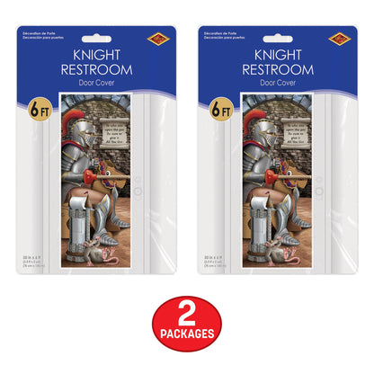 Beistle Knight Restroom Door Cover – 2 Pack, Medieval Castle Bathroom Party Decorations, Funny All-Weather Plastic Backdrop for Renaissance Fairs, Festivals, Birthday Parties, Themed Events, 6’ x 30”