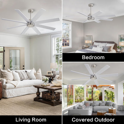 WINGBO 72" Large DC Ceiling Fans without Lights, 3 Downrods, 8 Plywood Blades, 6-Speeds Reversible DC Motor, Indoor Ceiling Fan No Lights for Bedroom Living Room Patio, Brushed Nickel and Silver
