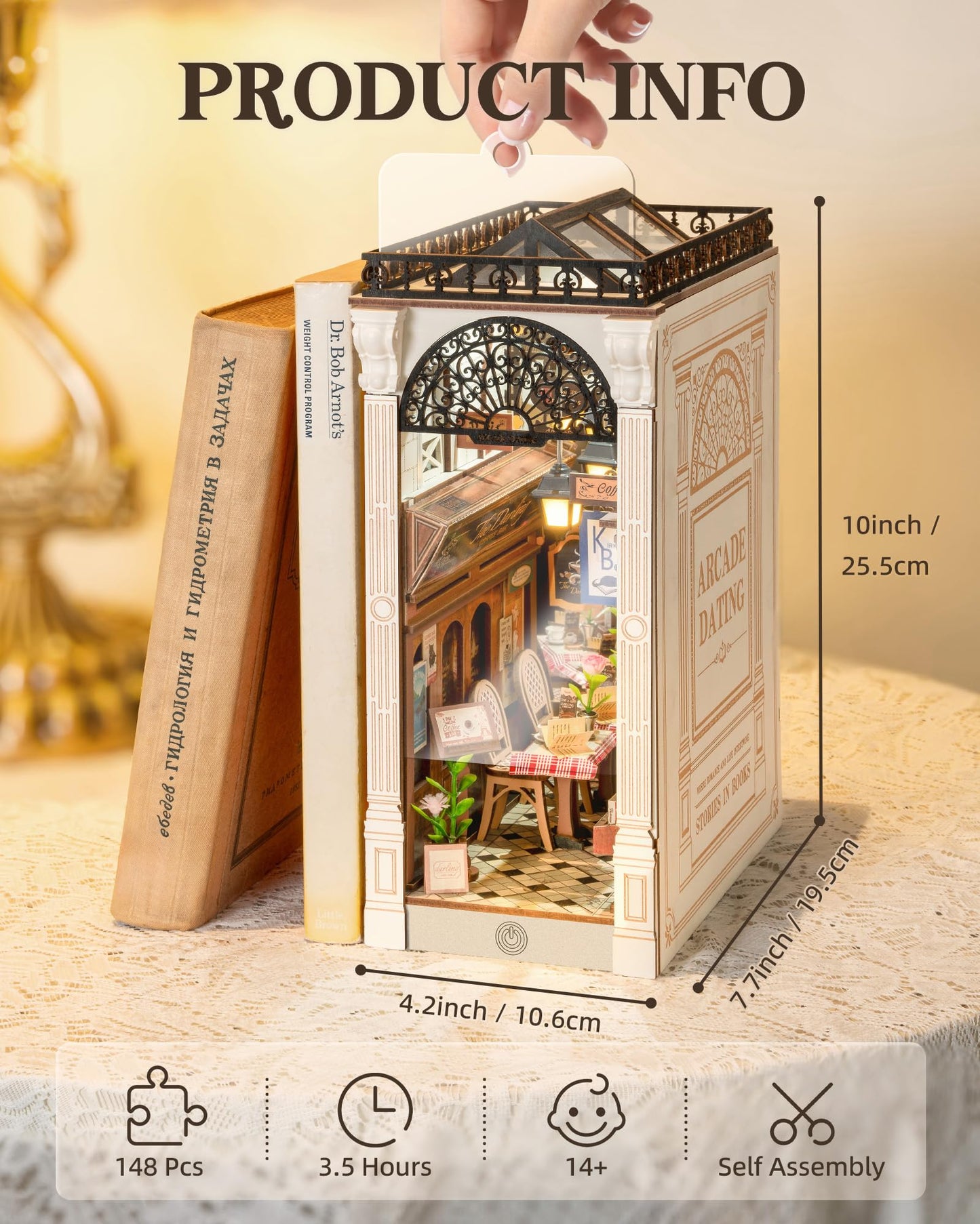 ROBOTIME DIY Book Nook Kits Dollhouse Room Bookstore Miniature House with LED Light 3D Wooden Puzzles for Adults Booknook Bookshelf Insert Decor Diorama Kit Unique Gifts（Arcade Dating）
