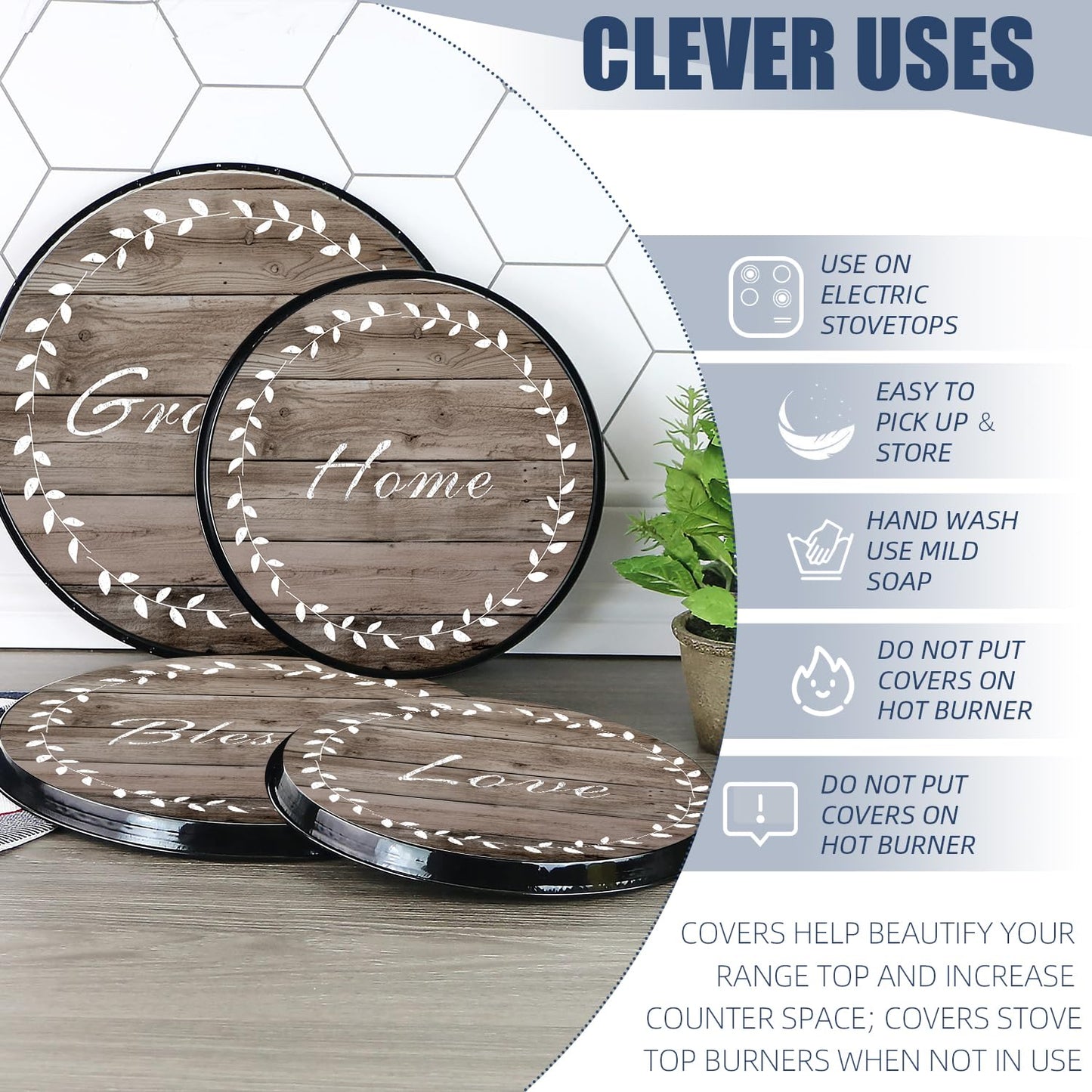 Stylish Burner Covers Set of 4 for Range Accessories, Gratitudes Wood Board Metal Stove Burner Cover for Expanding Counter Space Stovetop Decor, Burner Covers for Electric Stove