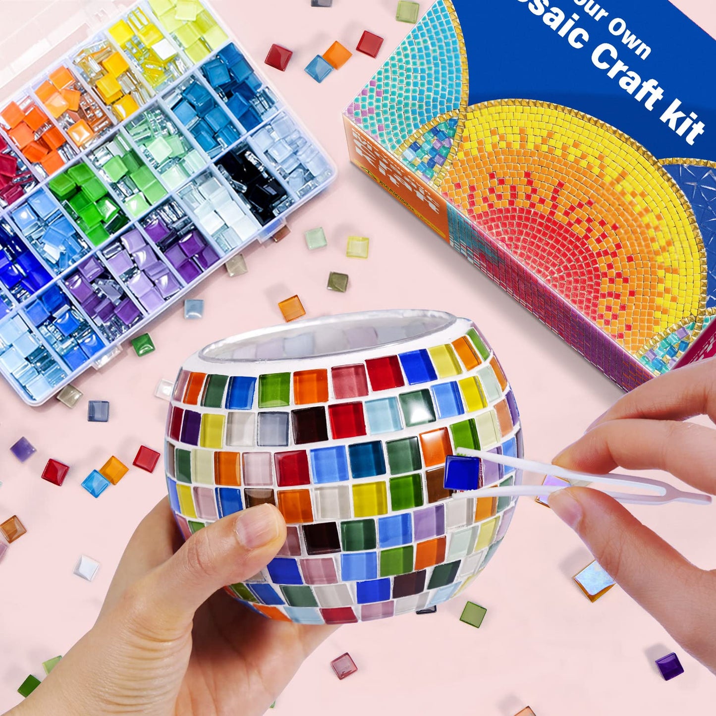 Glass Mosaic Candle Holder Kit - DIY Mosaic Kits for Adults & Crafts for Girls 8-12 - Arts and Crafts for Kids, Tealight Candle Holder for Home Decor, Birthday Gifts for Kids Ages 6 7 8-12