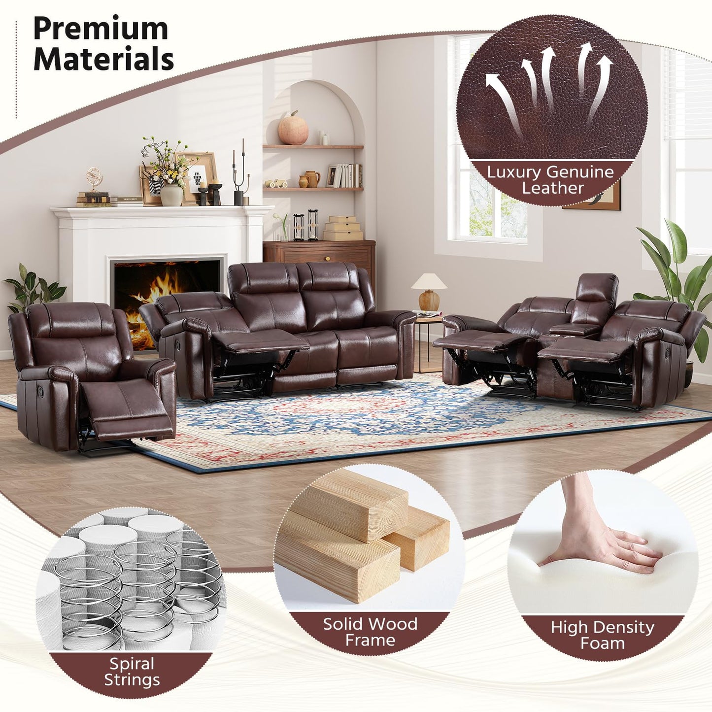 ANJ Premium Genuine Leather Manual Recliner Chair for Adults, Overstuffed Recliners with Padded Backrest, Single Heavy Duty Reclining Sofa for Living Room Bedroom, Rust Brown