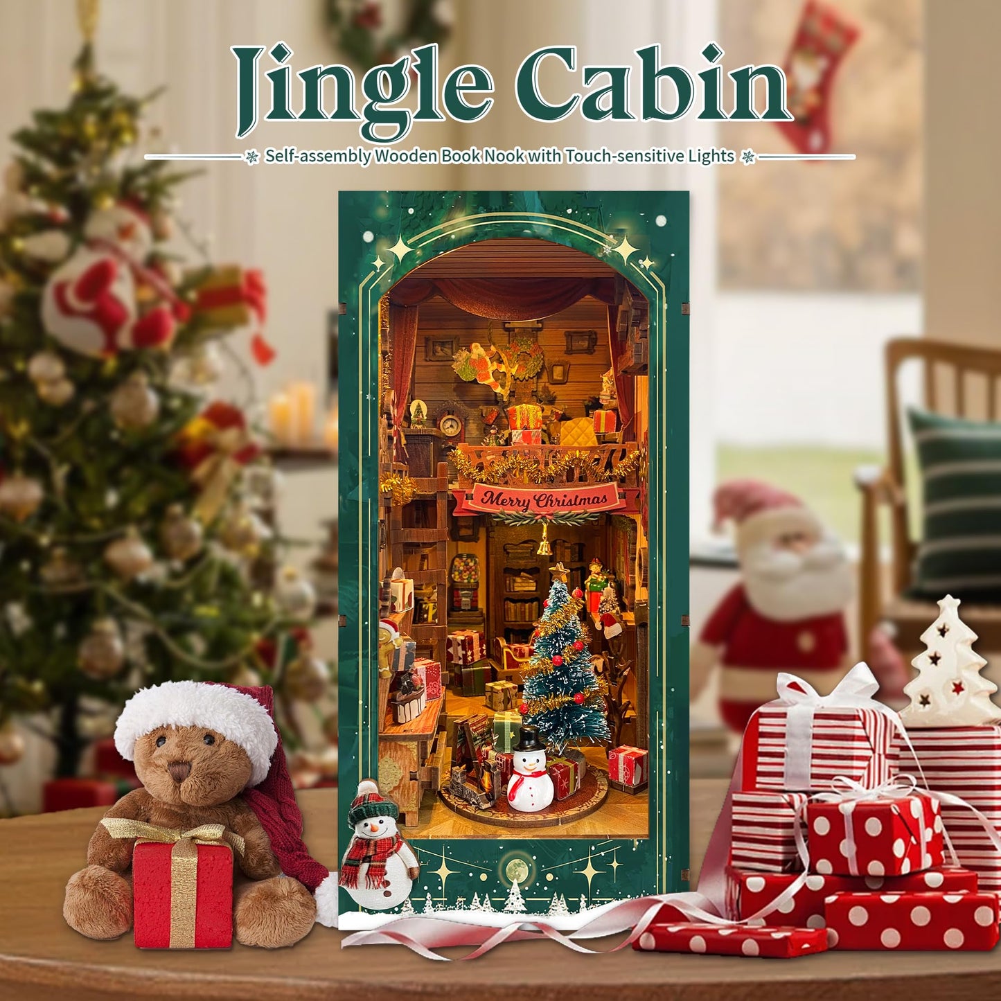 Strucwood Christmas Book Nook Kit with LED Light - 3D Wooden Puzzles Booknook for Book Shelf Decor - DIY Dollhouse Kit - Book Nooks Decor with Dust Cover Jingle Cabin(SQ-34)