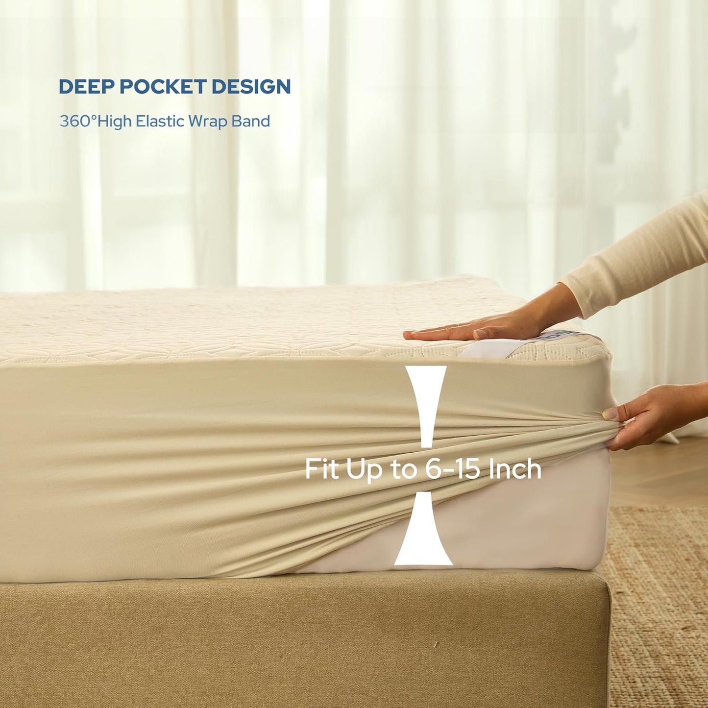 BEDLORE Waterproof Mattress Protector - Noiseless Queen Size Pad with Deep Pocket 6"-18" Depth | Soft, Breathable, Washable Cover (Beige)