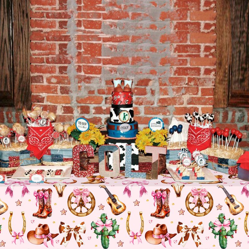 umoni Cowgirl Party Supplies Pink Western Cowgirl Tablecloth 2PCS Coquette Cowgirl Party Supplies Tablecover Disposable Wild West Guitar Bow and Boot Table Cover for Birthday Baby Shower Decor