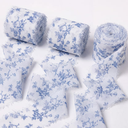 Gilprop Spring Chiffon Ribbon 1.5 Inch x 21 Yards Blue Floral Wired Ribbons Frayed Edges Ribbons for Wrapping Gift Crafts Wreath Bow Making Wedding Party Decoration