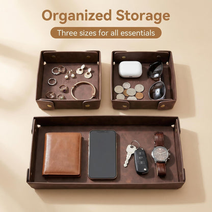 3Pack Mens Valet Tray, Foldable PU Leather Catch All Organizer for Desk, Entryway, Holds Keys, Wallet, Watch, Jewelry, Phone (Brown)