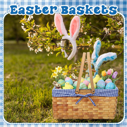 LOYIM 3 Pcs Different Sizes Picnic Basket with Handles Spring Plaid Gingham Checkered Liner Basket Rustic Woven Hamper for Picnic Camping Outdoor Egg Gathering Candy Gift(Blue)