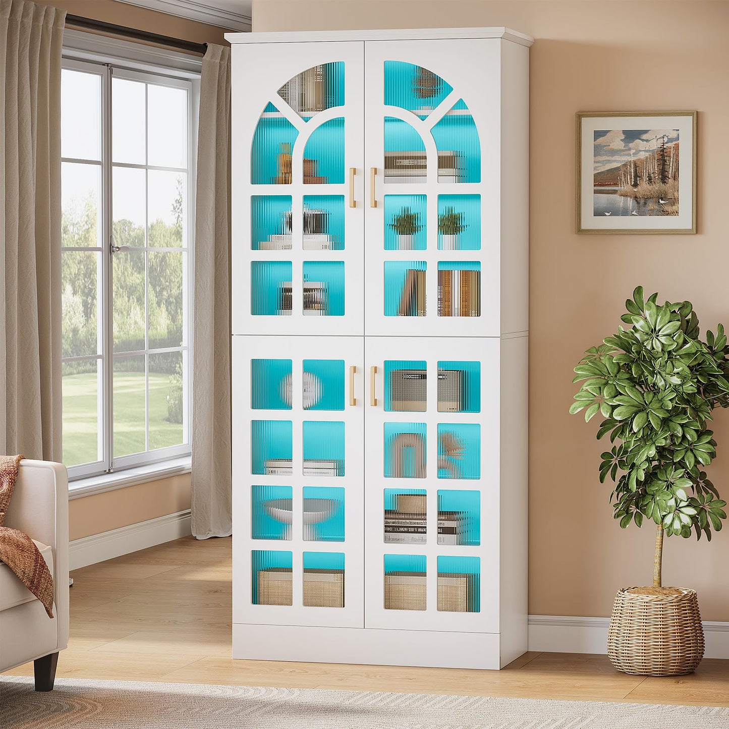 Tribesigns 8-Tier Bookshelf with Doors and LED Lights, 68.9" Tall Bookcase with Adjustable Shelves, Modern Wooden Display Cabinet for Living Room, Home Office, Bedroom, White (1PC)
