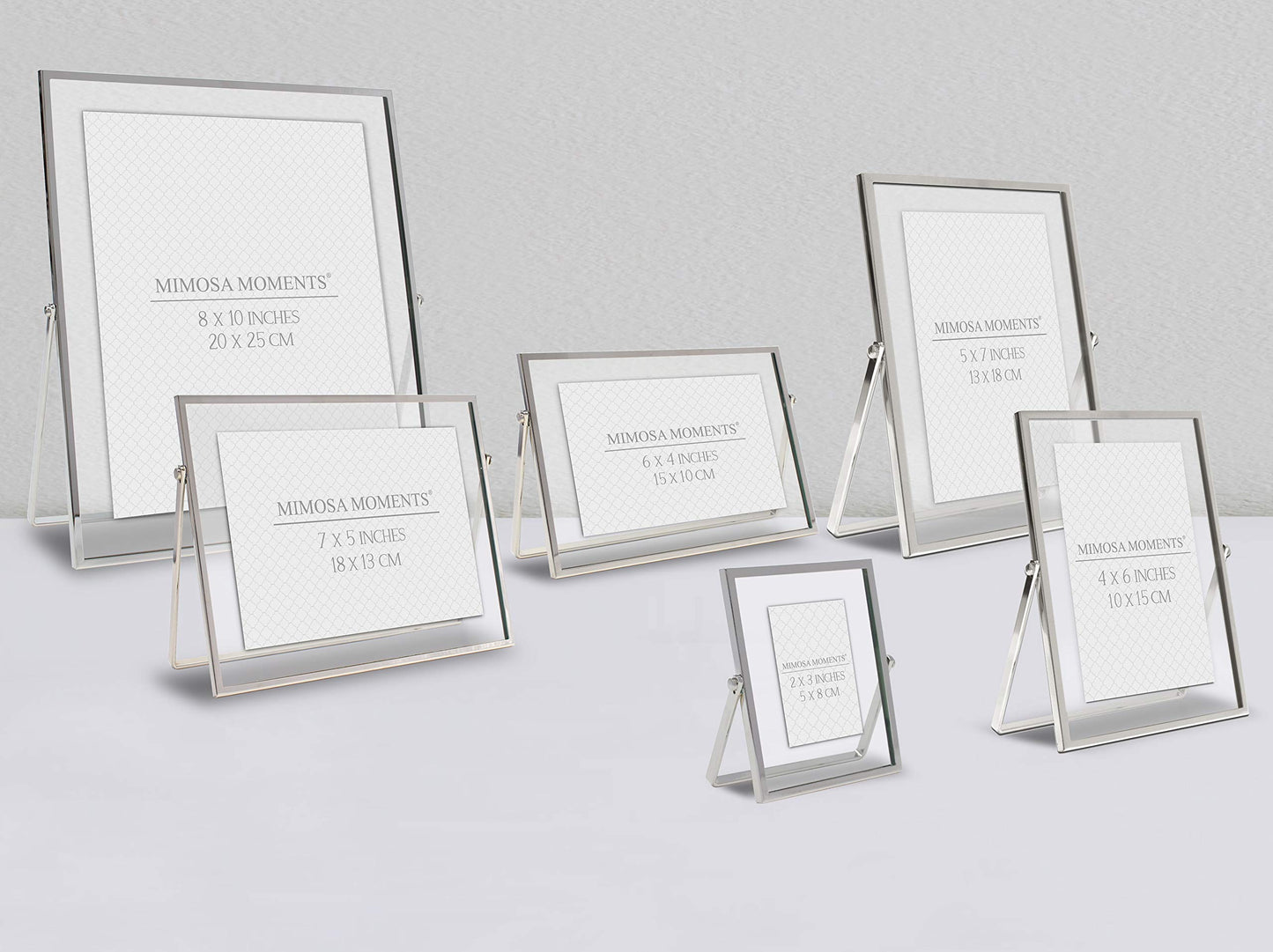 MIMOSA MOMENTS 4x6 Silver Metal Floating Picture Frame, Horizontal Double Glass Tabletop Display, Modern Minimalist Photo Frame for Home & Office Decor