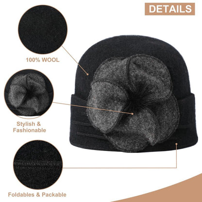 Sumolux Beanie Hats for Women Wool Skull Cap Beret Floral Cuffed French Vintage Dress Cloche Classic Winter 1920s Black Grey