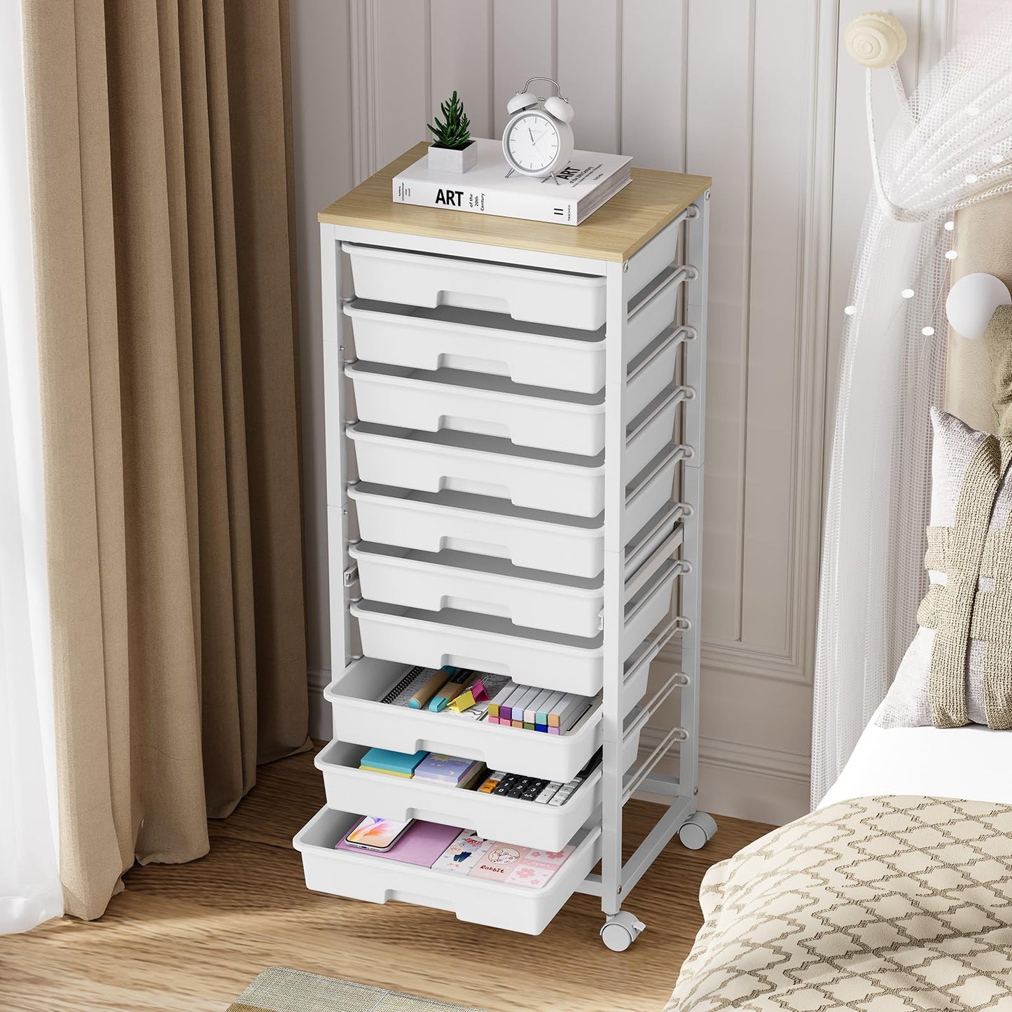 SYKIARIOL Rolling Cart with Drawers,10 Drawer Rolling Cart,Storage Cart with Wheels,Utility Cart with Drawers,Teacher Cart for Classroom Storage,Craft Cart with Wheels and Wooden Tabletop,White