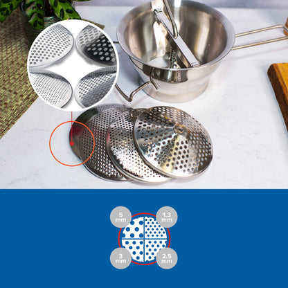 Küchenprofi Stainless Steel Food Mill, Silver, Large, 18/10 Steel, 4 Interchangeable Discs, Strainer for Sauce, 15.5x8.75x4.75 inches, 0.4 kg