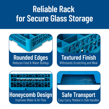 Carlisle FoodService Products OptiClean Plastic 25-Compartment Divided Glass Rack with Extender, Blue, (Pack of 3)