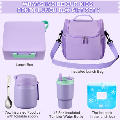 Bento Lunch Box for Kids with 17oz Soup Thermo,Insulated Tumbler Water Bottle and Insulated Lunch Bag,Leak-Proof 3 Compartment Lunch Food Container with Ice Pack for Kids to School-Purple