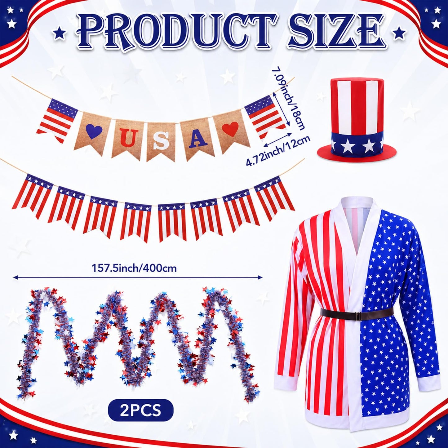 Ramede 8 Pcs 4th of July 12 ft Skeleton Outfit Accessories, Patriotic Red White Blue Hat USA Star Stripes Coat Banners & Tinsel Garlands for 12 Foot Skeleton Costume 250th Anniversary Outdoor Decor