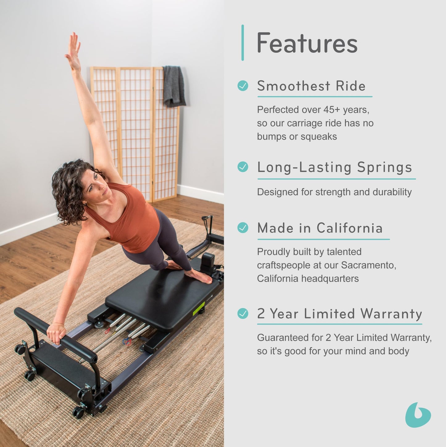 Balanced Body Metro IQ Pilates Reformer with Library Wheels, Pilates Exercise Equipment, Workout Equipment for Home or Studio, Black Upholstery, 96" L x 23" W x 6" H