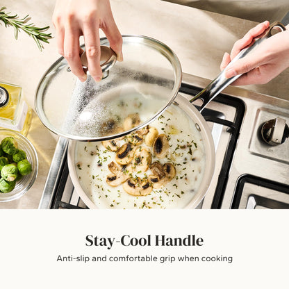 Redchef Cooking Pot Set Induction 5Qt, Saucepan Set 2.5/3.5Qt Nonstick Ceramic Cookware Set, Compatible All Cooktops, Even Heat, Stay-Cool Handles, Oven/Dishwasher Safe, PTFE PFAS Free (Beige)