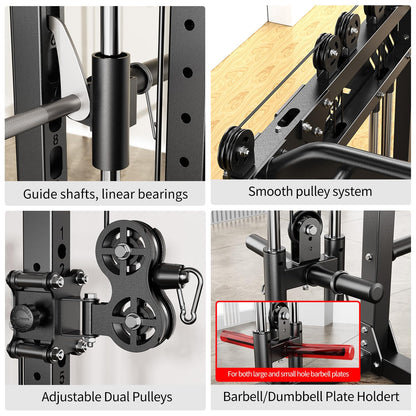 XGSW XINGESIWR Multi-Purpose Squat Rack,Smith Machine Weight Rack Set with Cable Crossover System, Home Gym Power Racks, Power Racks and Packages (L04, Power cage Black+Bench+Cast lron 184LBS)
