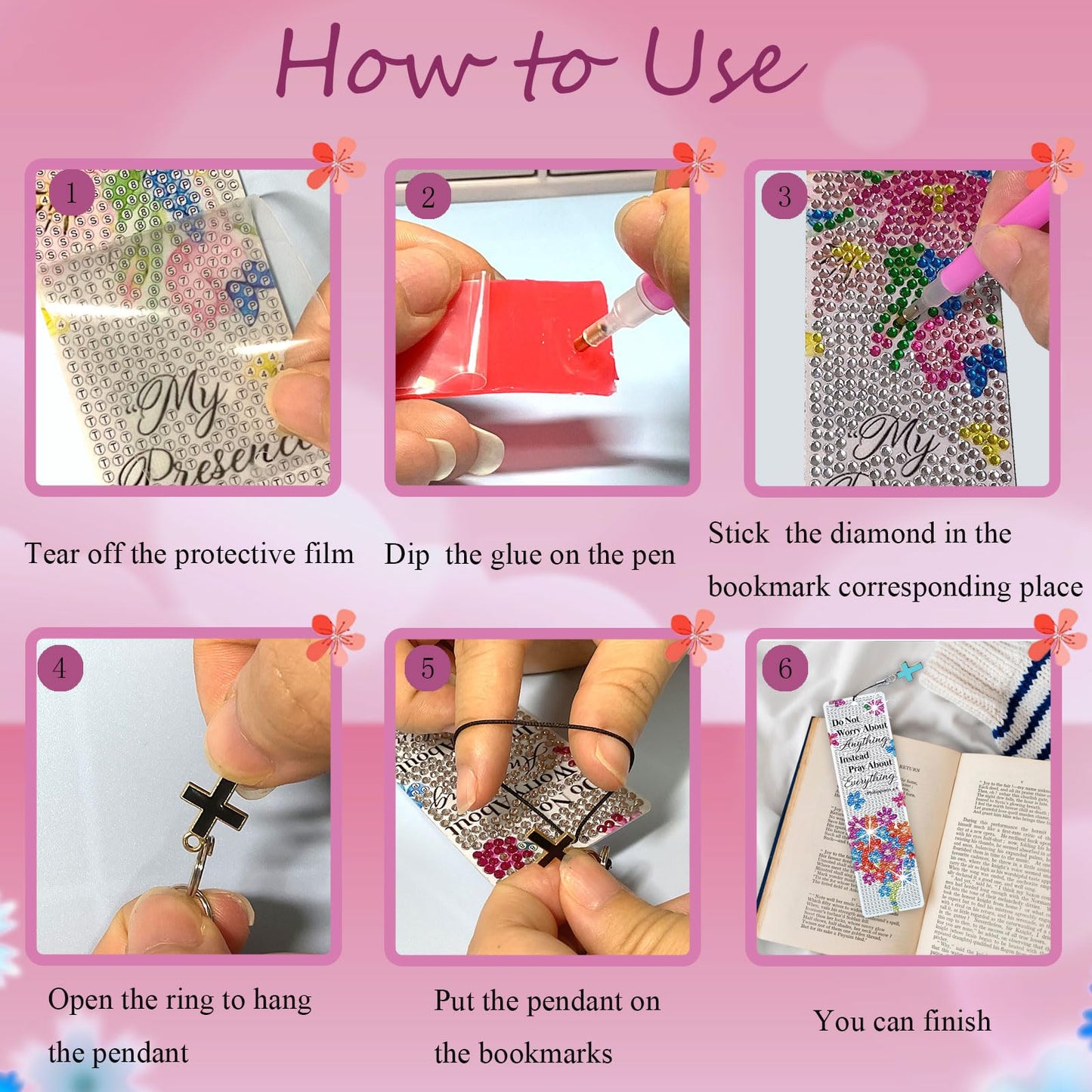 HTTDMY 8PCS Diamond Painting Art Bookmarks,Cute Acrylic Bookmarks Crafts Kits Gifts with Pendants for Adult Women Book Lovers (Flower)