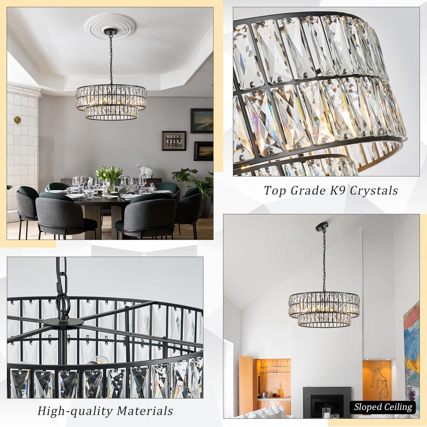 CATINER 24'' Black Crystal Chandeliers Luxury 8-Lights Pendant Chandelier Drum Semi Flush Mount Ceiling Lights for Living Room Dining Room Foyer Bedroom Kitchen
